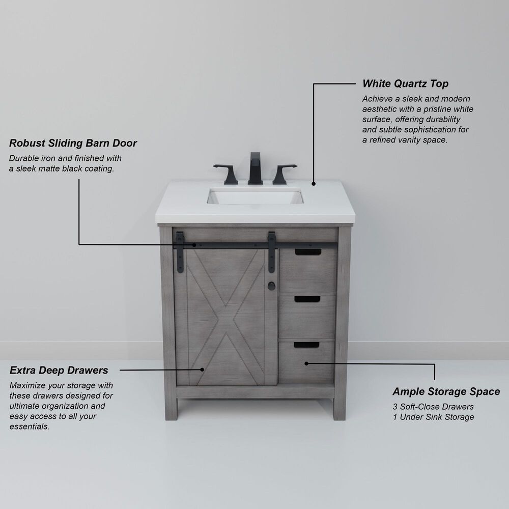 Lexora Home Marsyas 30" Single Bathroom Vanity in Ash Grey with White Quartz Top and Rectangular Sink, , large