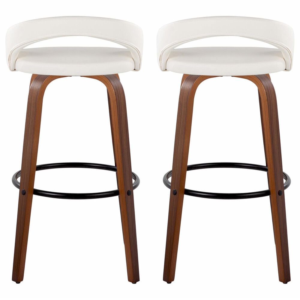 LumiSource Grotto Swivel Bar Stool with White Faux Leather Upholstery in Walnut Wood and Black (Set of 2), , large