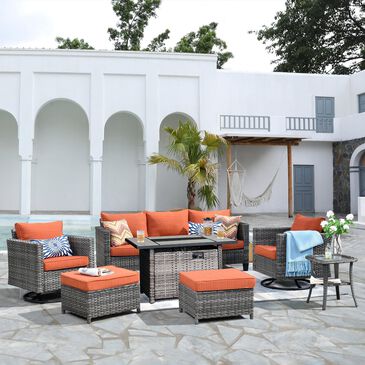 HOMLUX 7-Piece Patio Conversation Set with Rocking Chairs and Fire Pit Table in Orange Red, , large