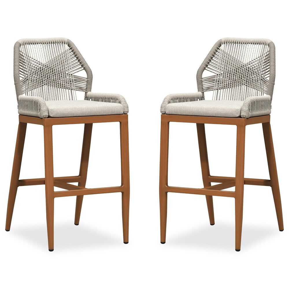HOMLUX Outdoor Bar Stool with Teak Frame in Grey and Beige (Set of 2), , large