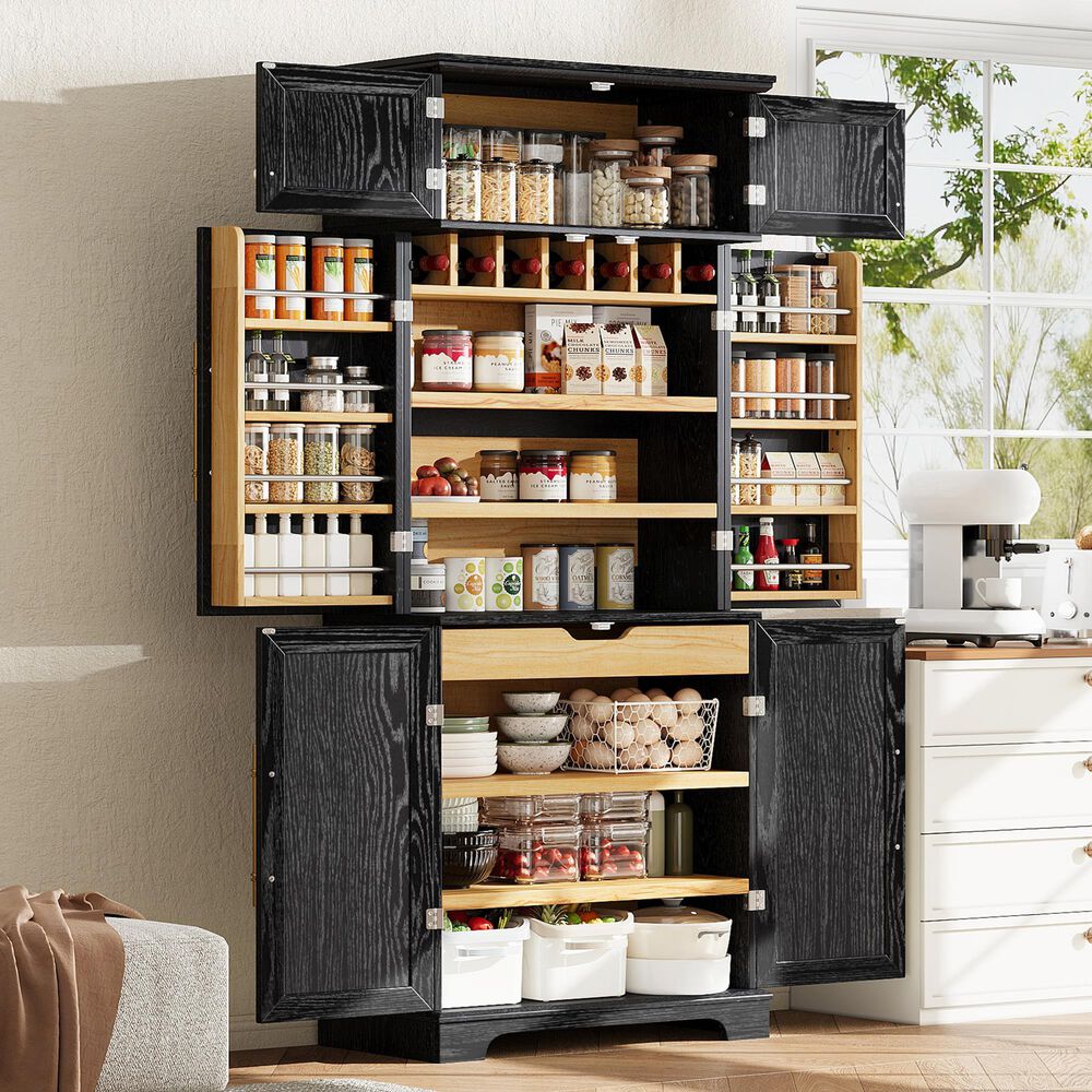 HOMLUX HOMLUX 78.2" Tall Farmhouse Kitchen Pantry Cabinet with 8 Door Shelves, Storage Cabinet with 4 Adjustable Shelves, Hidden Drawer, Wine Rack, Versatile Cupboard for Kitchen, Dining &amp; Bathroom, Ash Black, , large