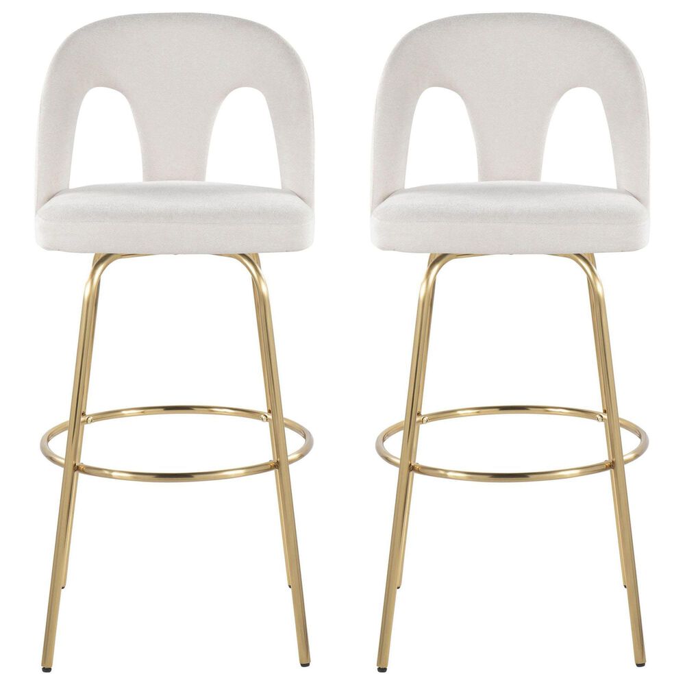 LumiSource Ava Swivel Bar Stool with Snow White Fabric Upholstery in Gold (Set of 2), , large