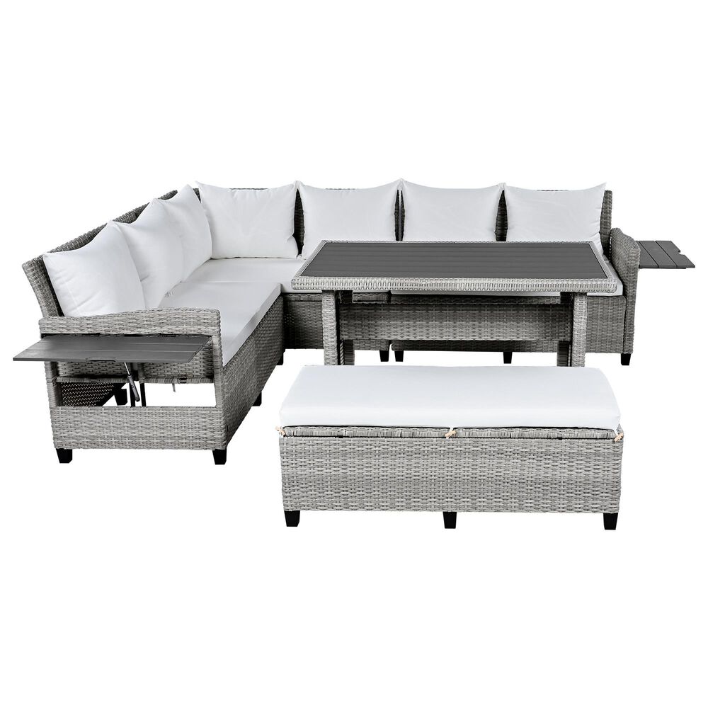 HOMLUX 5-Piece Outdoor Conversation Set with 2 Extendable Side Tables and Gray Rattan in White, , large