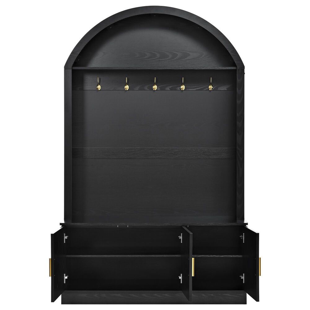 HOMLUX Farmhouse Fabric Arched Top Hall Tree with 5 Metal Hooks and Adjustable Shelves in Black, , large