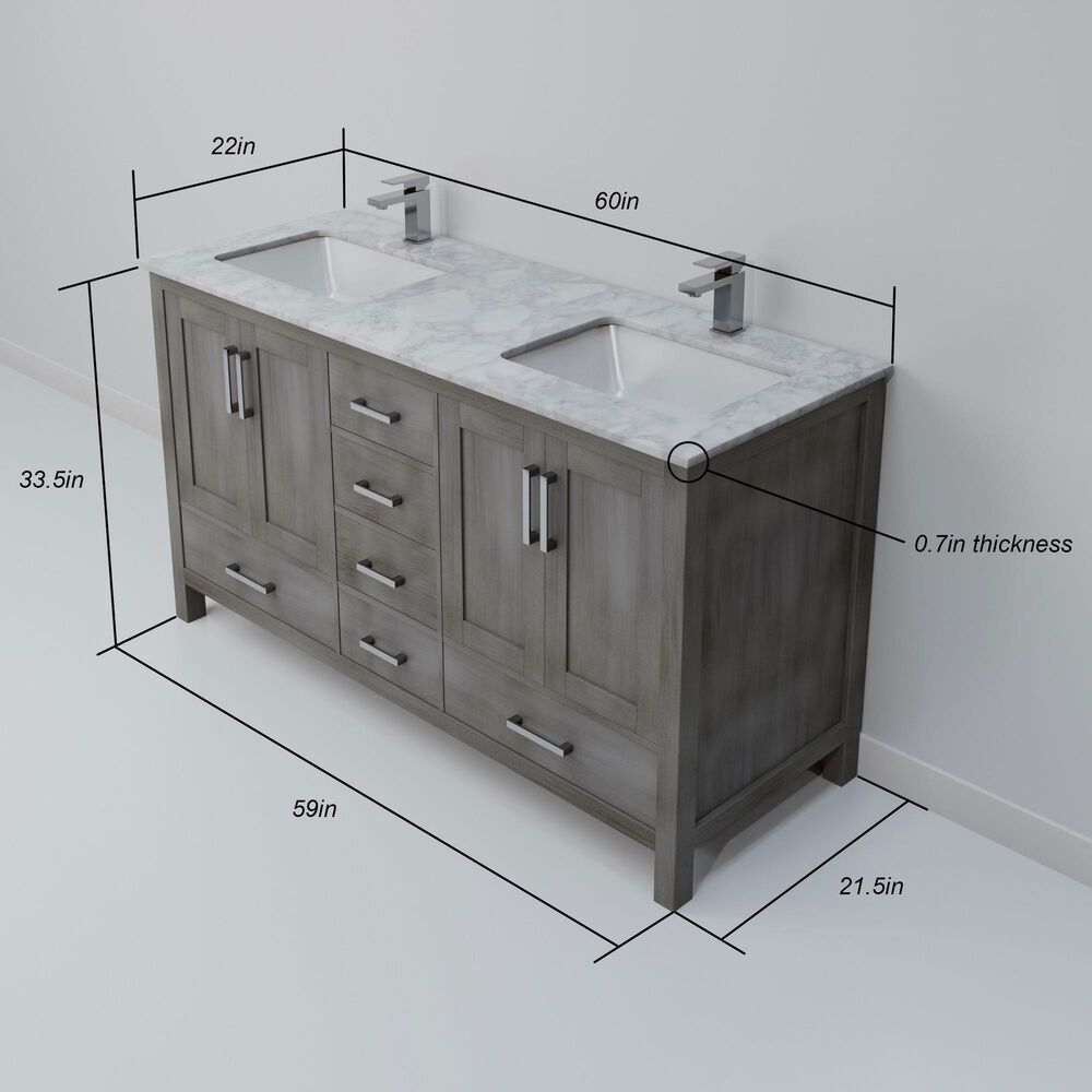 Lexora Home Jacques 60" Double Bathroom Vanity in Distressed Grey with 2 cm White Carrara Marble Top and Rectangular Sinks, , large