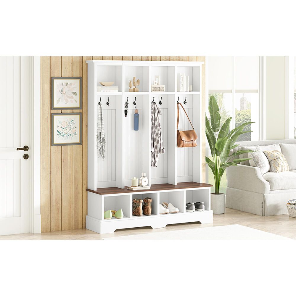 HOMLUX 8-Hook Hall Tree with Entryway Bench in White and Walnut, , large