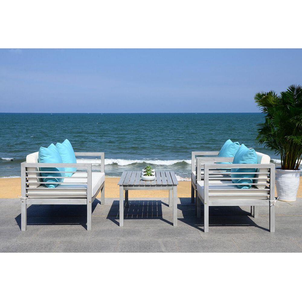 Safavieh Alda 4-Piece Outdoor Set with Accent Pillows in Grey Wash, White, Light Blue, , large