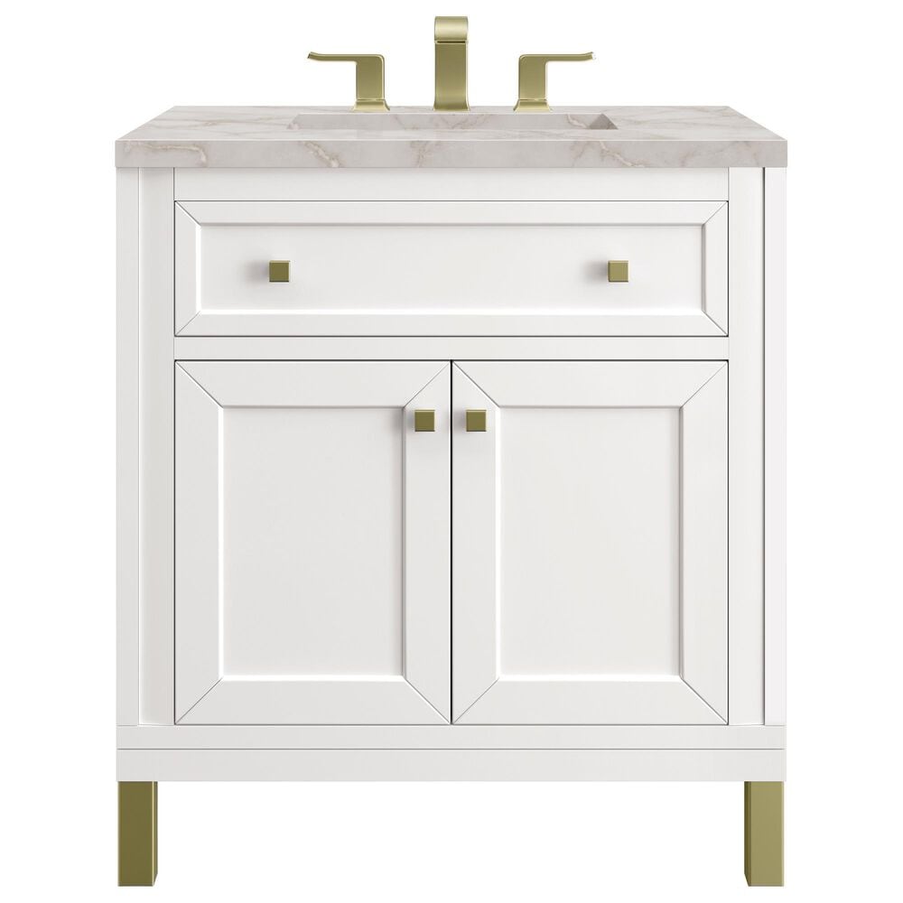 James Martin Vanities Chicago 30&quot; Single Bathroom Vanity in Glossy White with 3 cm Victorian Silver Quartz Top and Rectangular Sink, , large