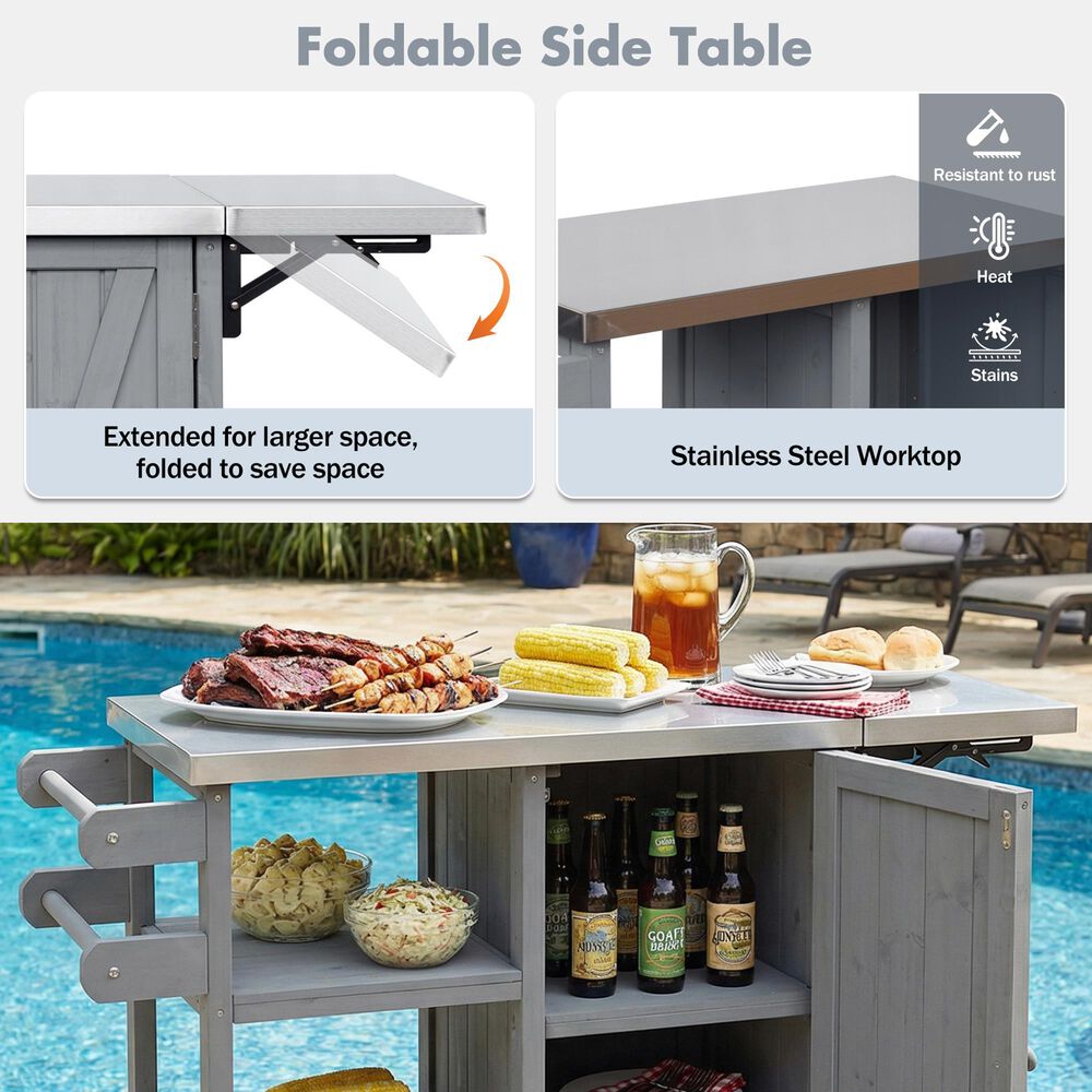 Hearth and Haven Outdoor Kitchen Island Cart with Stainless Steel Top and Lockable Wheels in Gray, , large