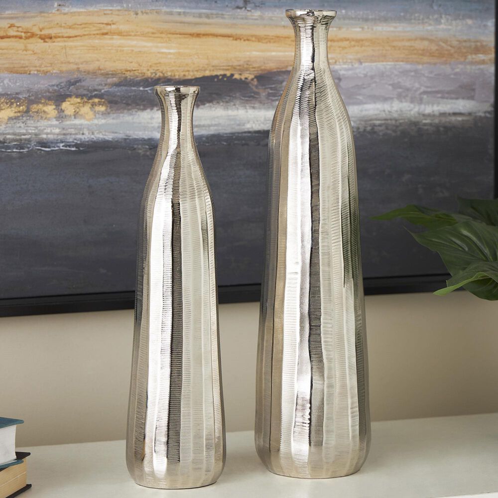 Maple and Jade 2-Piece Decorative Vase Set with Wavy Accents and Textured Ridges in Shiny Silver, , large