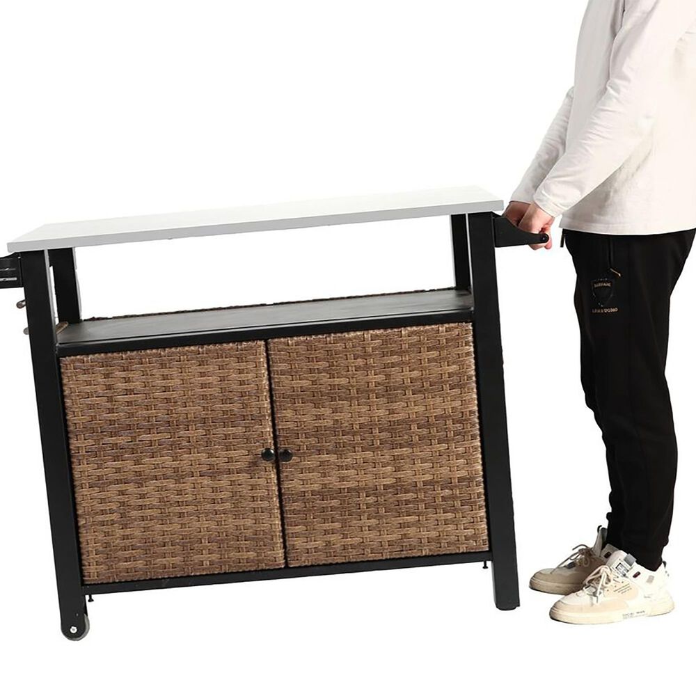 Hearth and Haven 2-Door Outdoor Bar Cart with Stainless Steel Top in Brown and Black, , large