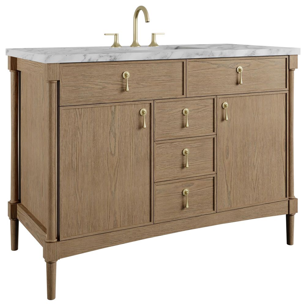 James Martin Kinnsden 48" Single Bathroom Vanity in Weathered Oak with 3 cm Carrara Marble Top and Rectangular Sink, , large