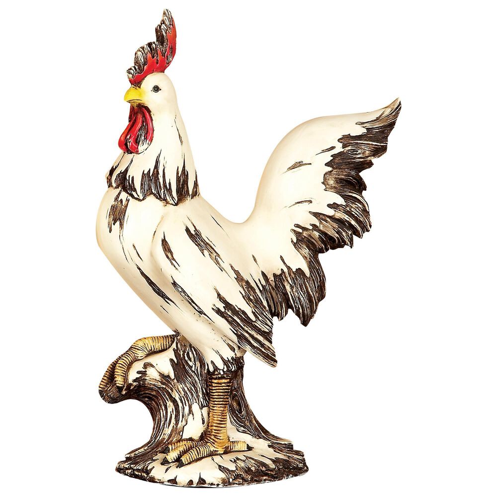 Maple and Jade 15" Farmhouse Rooster Garden Sculpture in Distressed White, Red, Yellow and Brown, , large