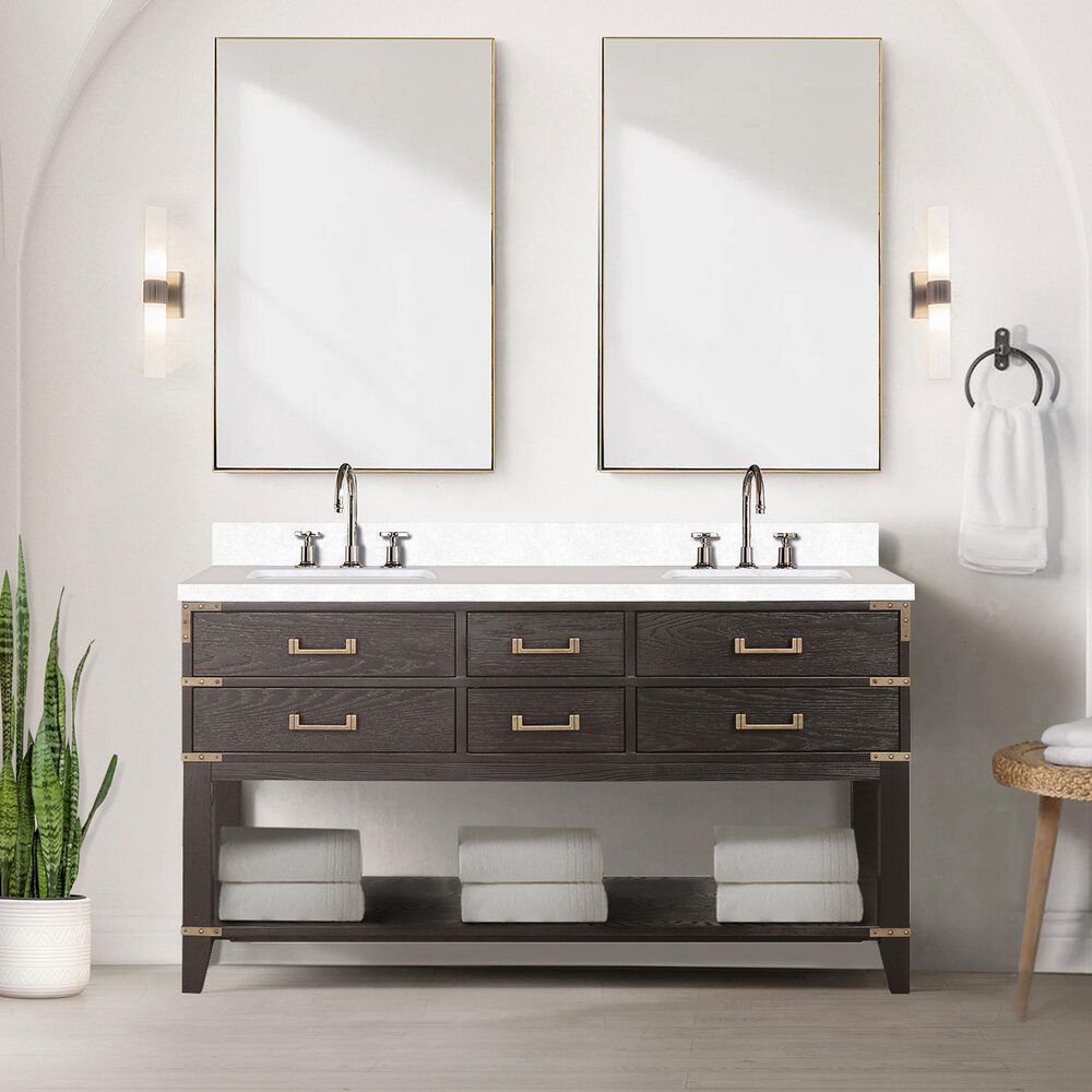 Lexora Home Norwalk 60&quot; Double Bathroom Vanity in Brown Oak with White Quartz Top and Rectangular Sinks, , large
