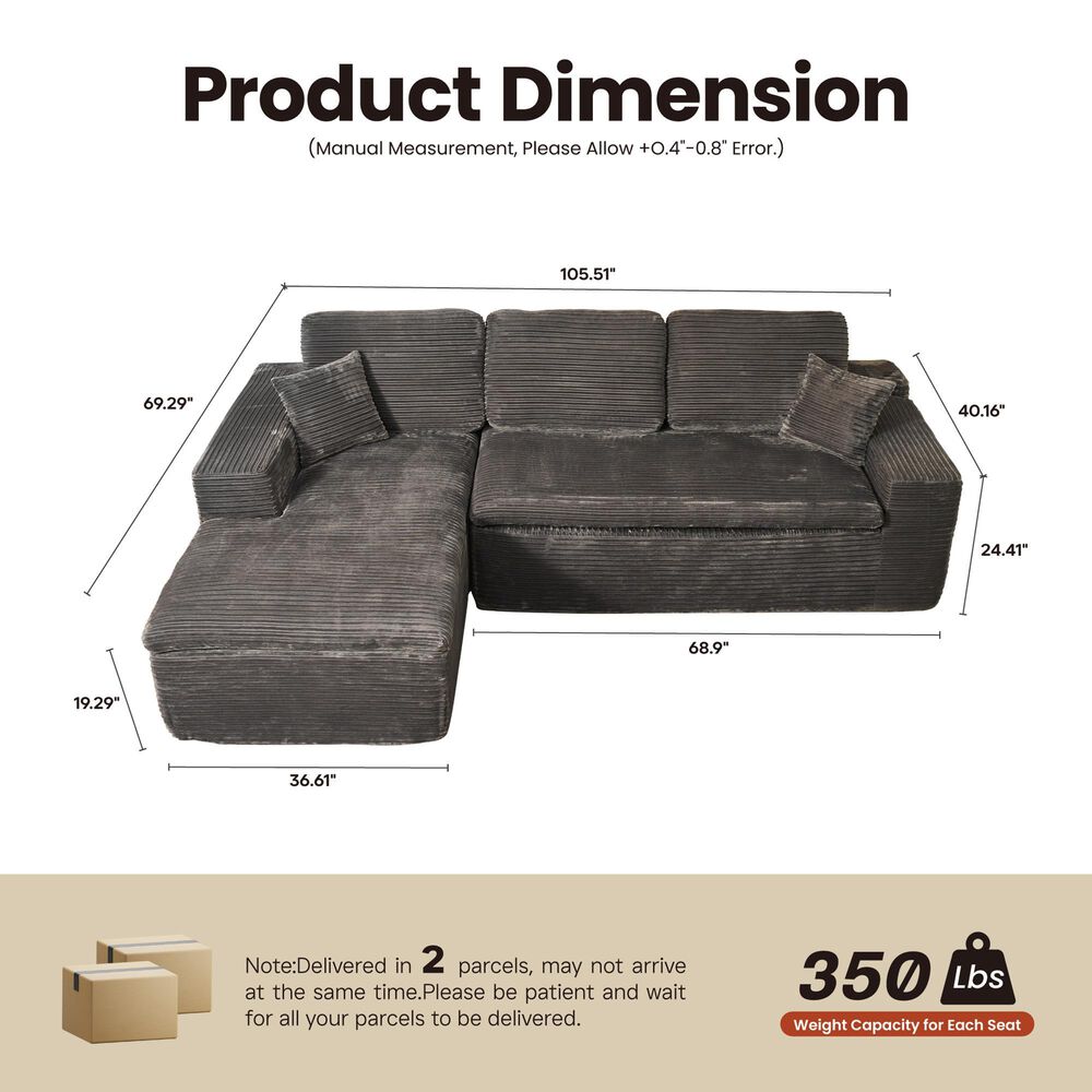 HOMLUX 2-Piece Stationary Left-Facing Chaise with Loveseat and Corduroy Fabric Upholstery in Grey, , large