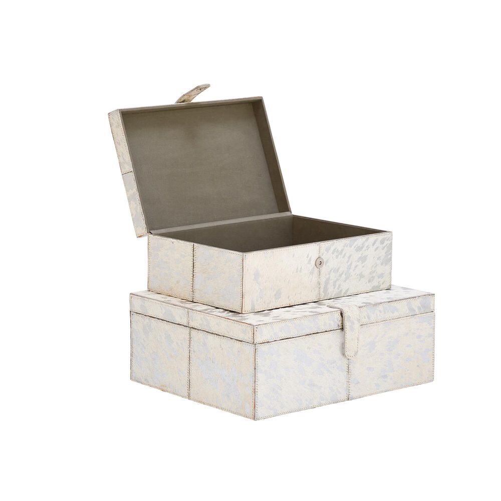 Maple and Jade 2-Piece Handmade Cowhide Storage Decorative Box Set in Silver, , large