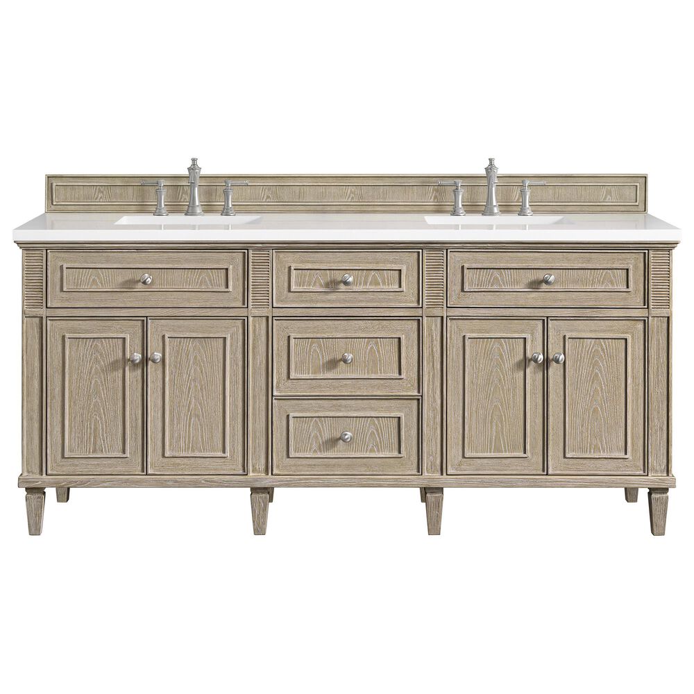 James Martin Vanities Lorelai 72&quot; Double Vanity in Whitewashed Oak with 3 cm White Zeus Quartz Top, , large