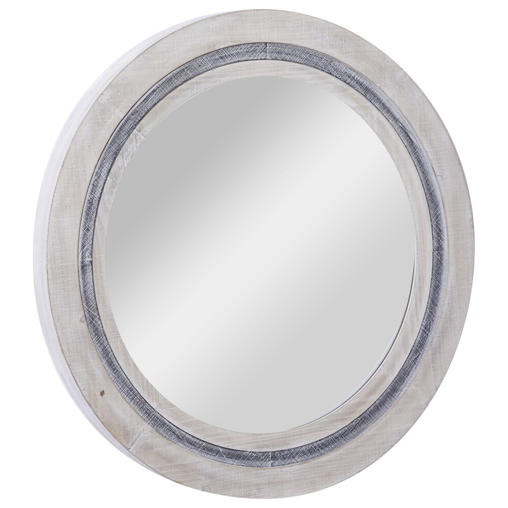 Maple and Jade 34&quot; Round Wall Mirror in Distressed White and Dark Gray, , large