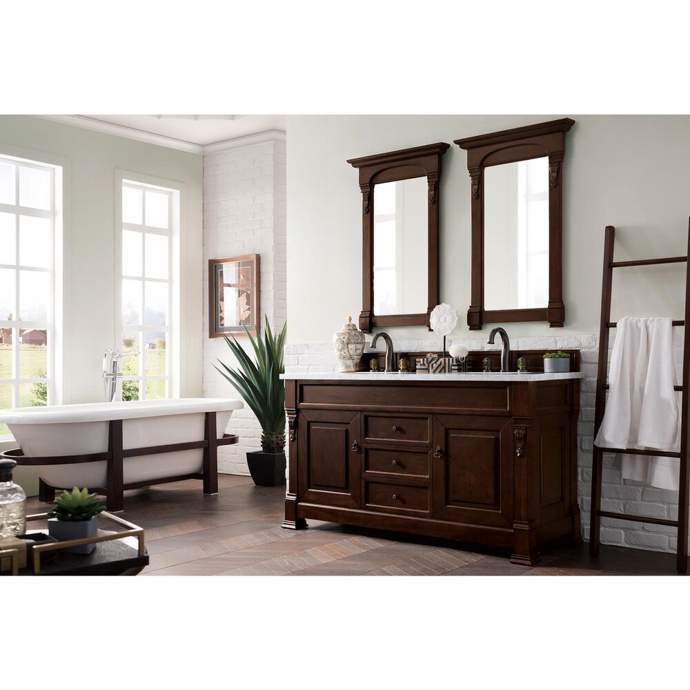 James Martin Vanities Brookfield 60&quot; Double Bathroom Vanity in Burnished Mahogany with 3 cm Carrara White Marble Top and Rectangle Sinks, , large