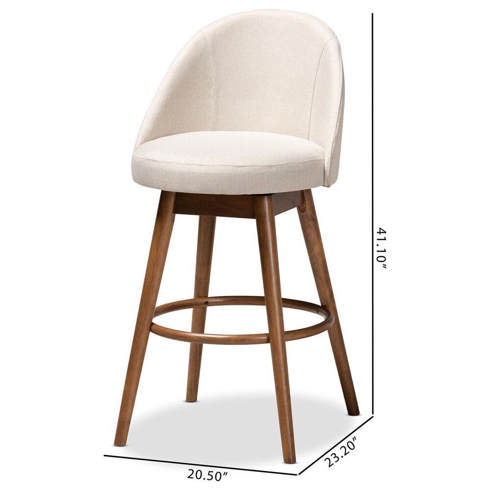 Baxton Studio Carra Swivel Bar Stool with Light Beige Cushion in Walnut (Set of 2), , large