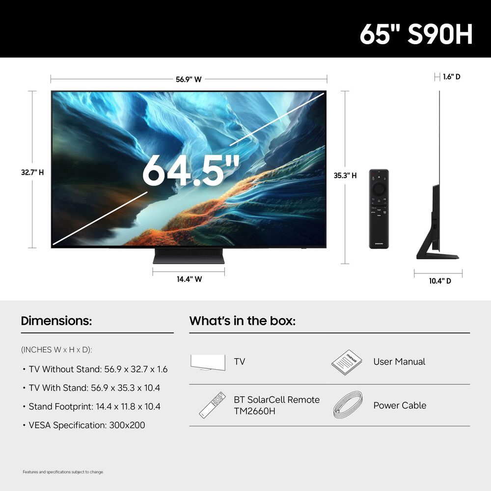 Samsung 65" Class S90H OLED 4K UHD Vision AI in Black - Smart TV, , large