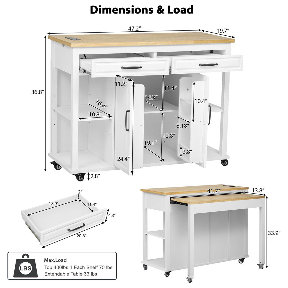 HOMLUX 47" Kitchen Island with Extendable Dining Table in White, , large