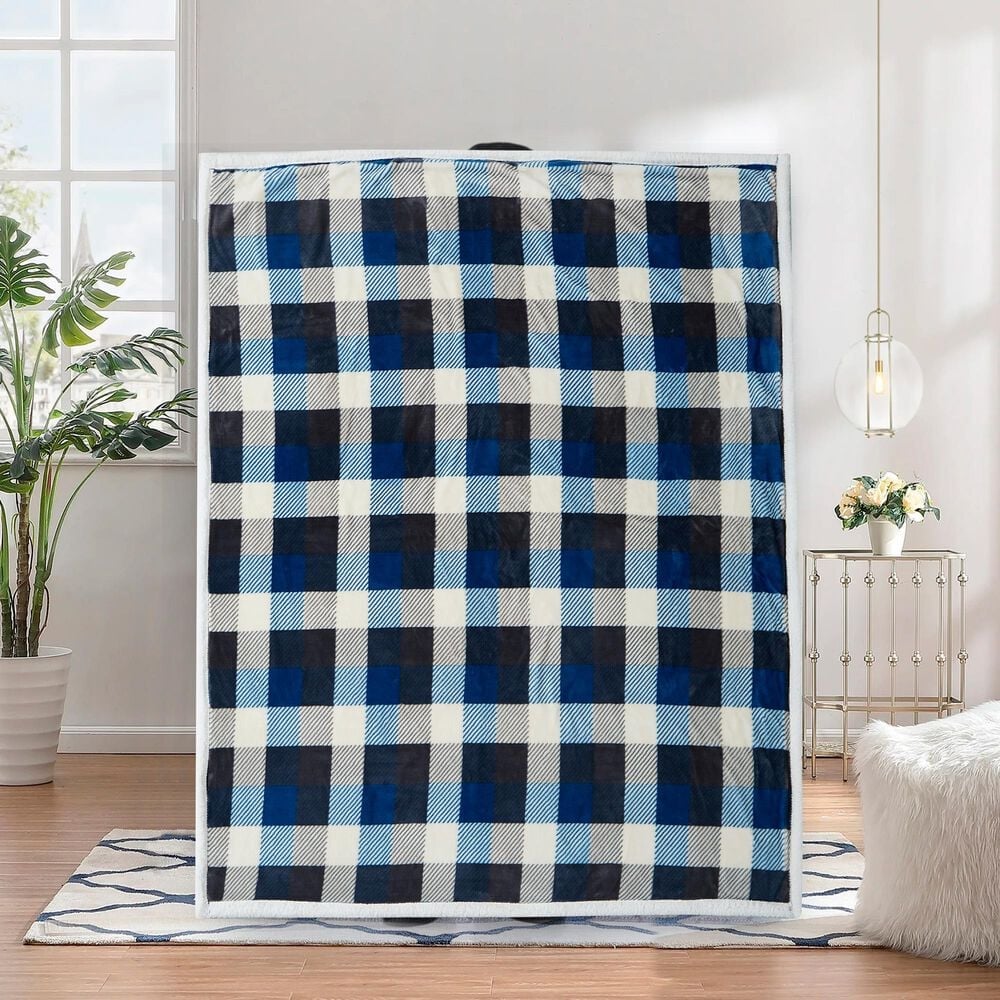 Duke Imports Flannel Sherpa Plaid Throw in Blue and Grey, , large