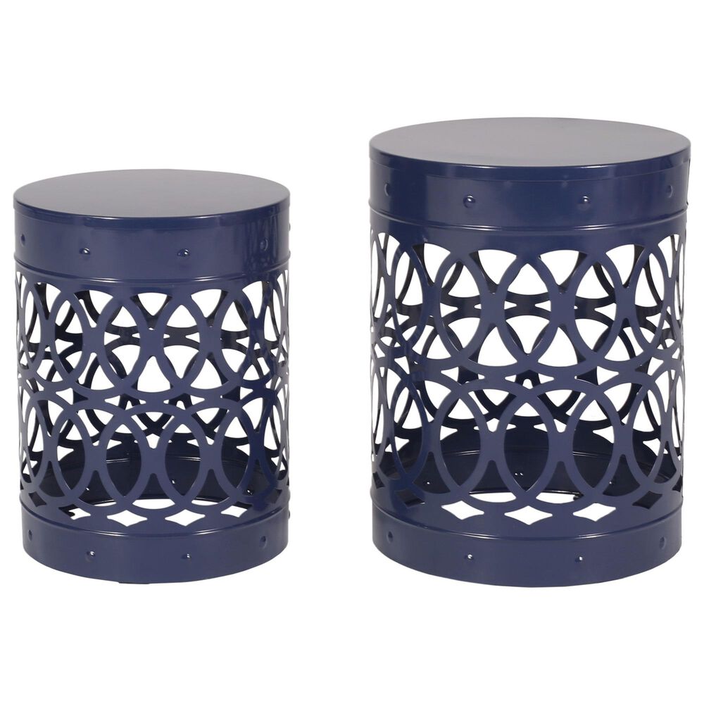 Hearth and Haven Cylindrical-Shaped Iron Patio End Table in Navy Blue (Set of 2), , large