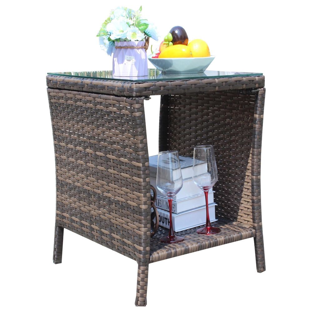 Hearth and Haven Wicker Patio Coffee Table with Clear Tempered Glass Top in Brown, , large