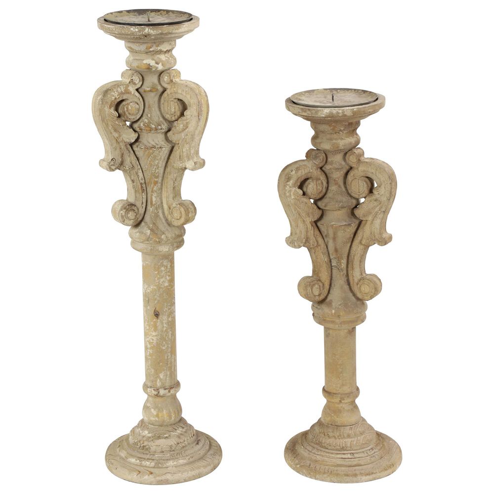 Maple and Jade Vintage Wood Candle Holder in Grey (Set of 2), , large