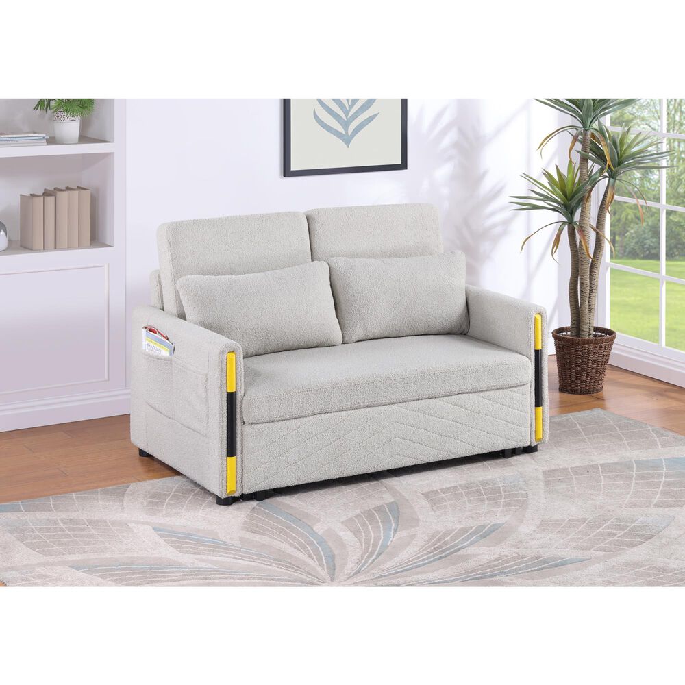 HOMLUX 55.5" Stationary Teddy Dual-Pull Sleeper Loveseat with Side Pockets in Beige Velvet, , large