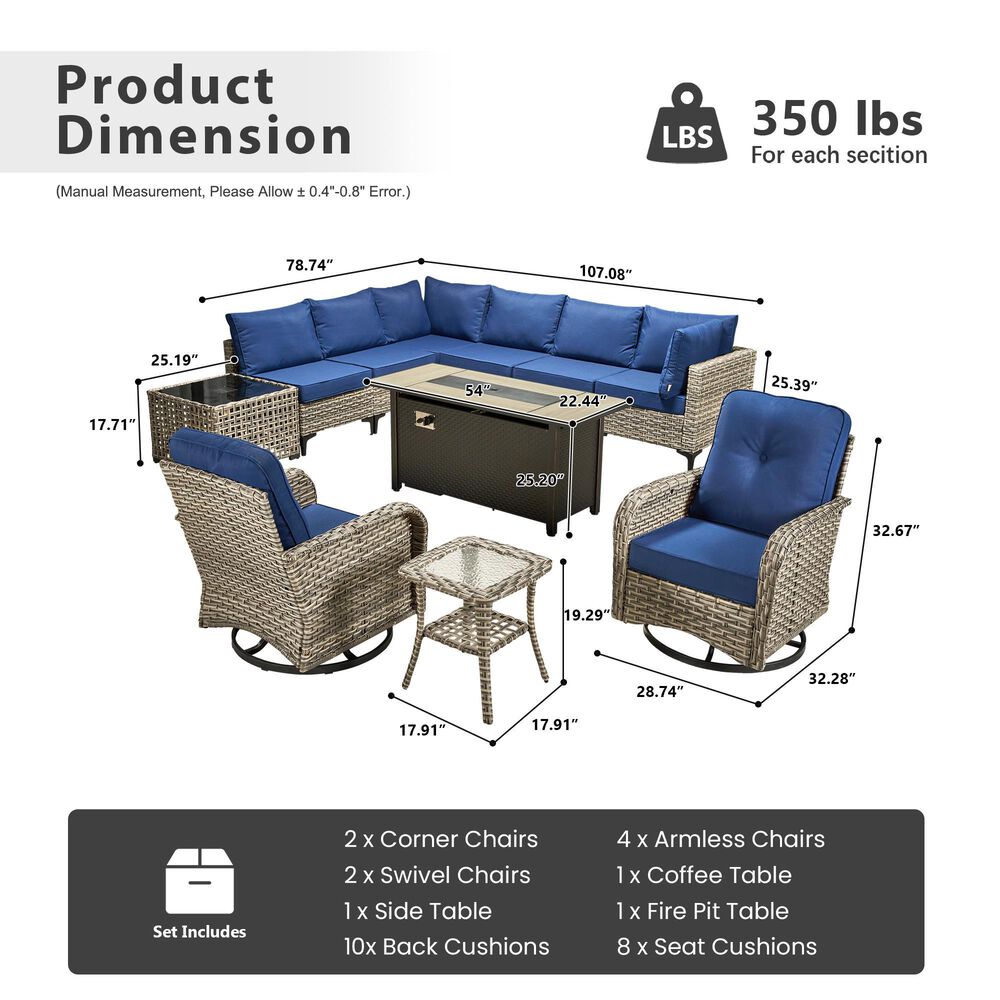 HOMLUX 11-Piece Outdoor Modular Sofa Conversation Set in Navy Blue, , large