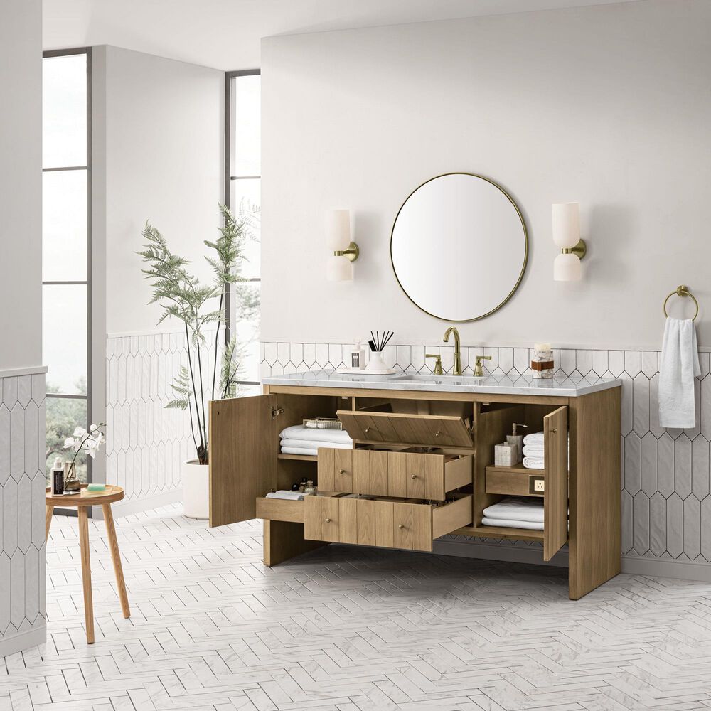 James Martin Vanities Hudson 60" Single Bathroom Vanity in Light Natural Oak with 3 cm Victorian Silver Quartz Top, Rectangular Sink and FreePower Wireless Charger, , large