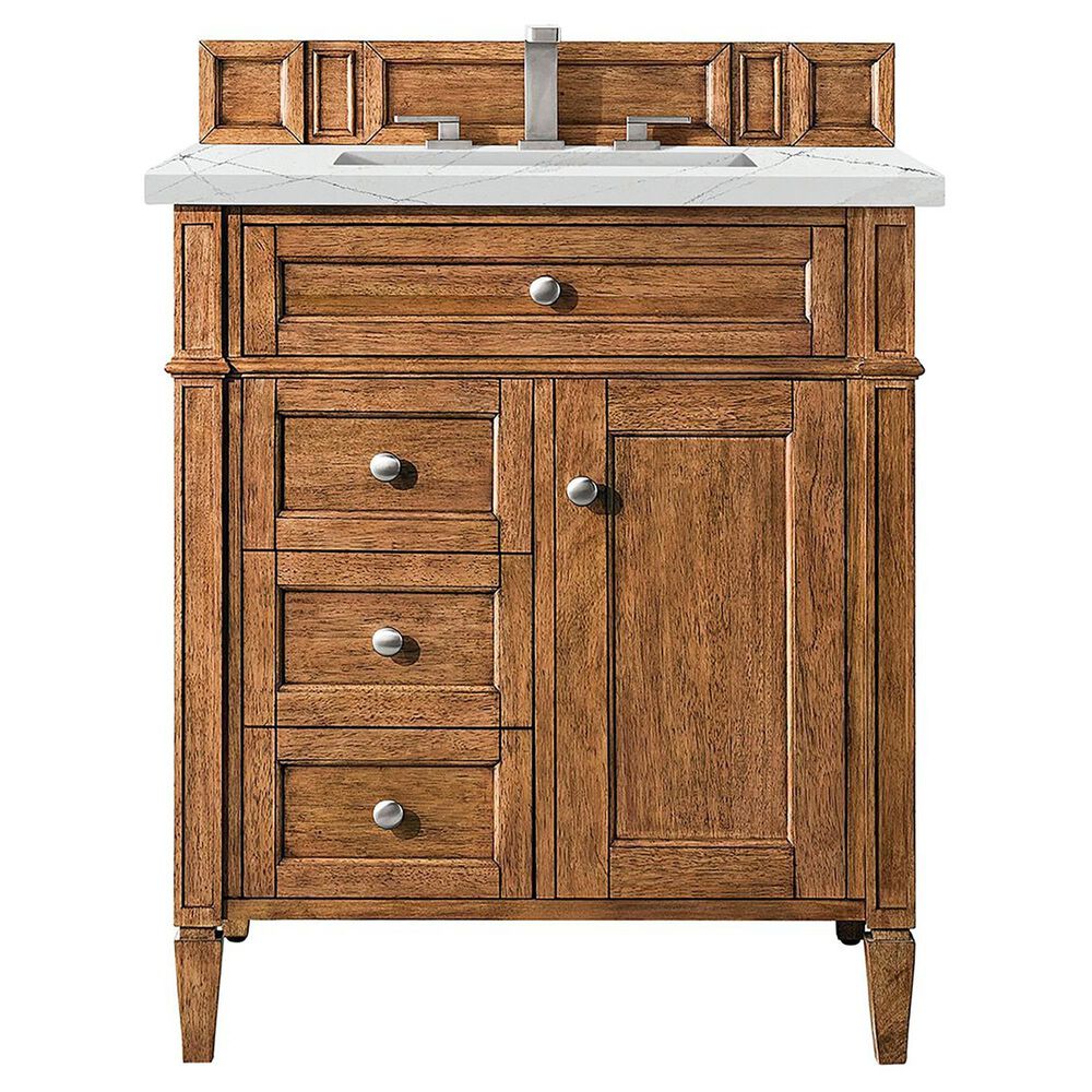 James Martin Vanities Brittany 30" Single Bathroom Vanity in Saddle Brown with 3 cm Ethereal Noctis Quartz Top and Rectangular Sink, , large