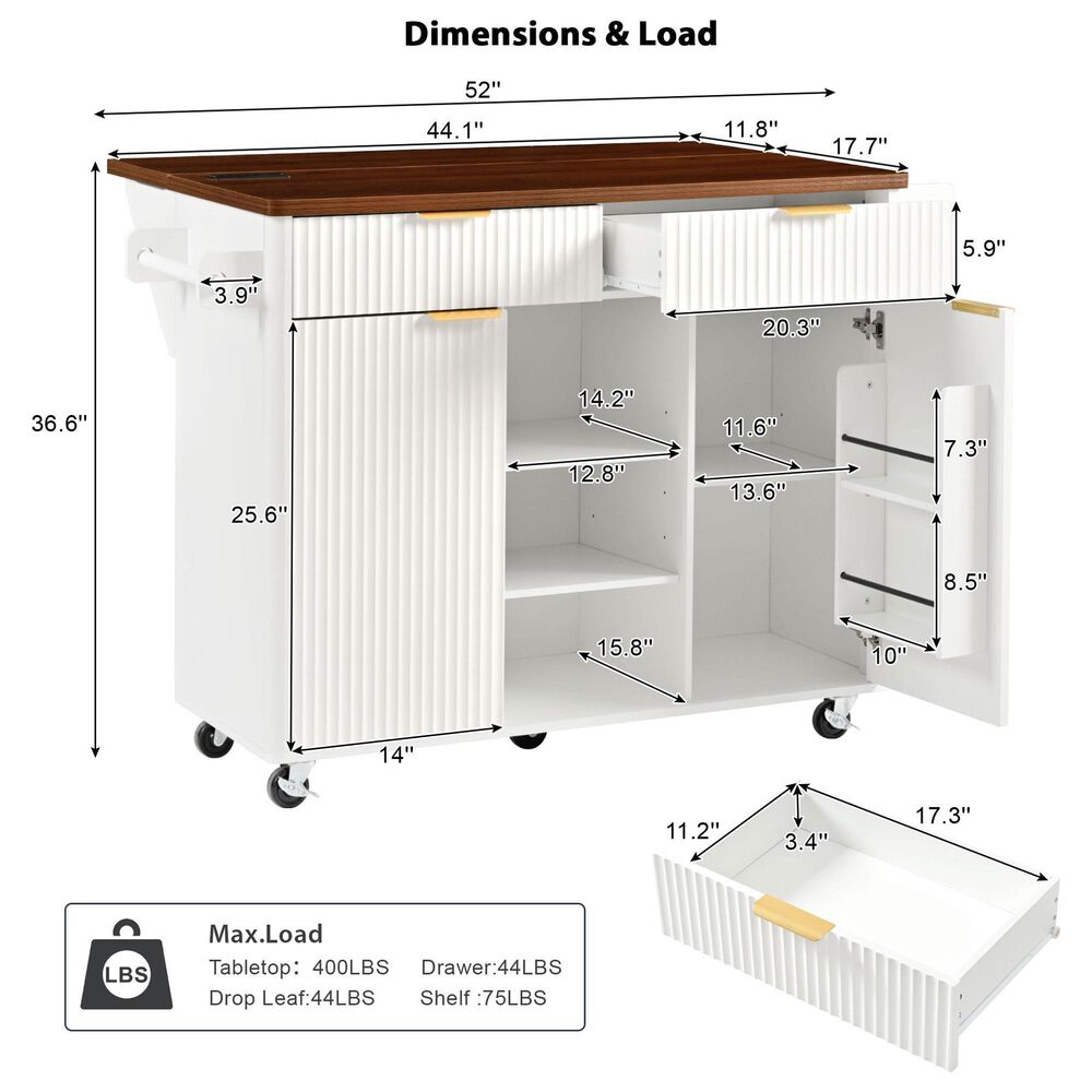 HOMLUX 52" Fluted Kitchen Island with Drop Leaf in White, , large