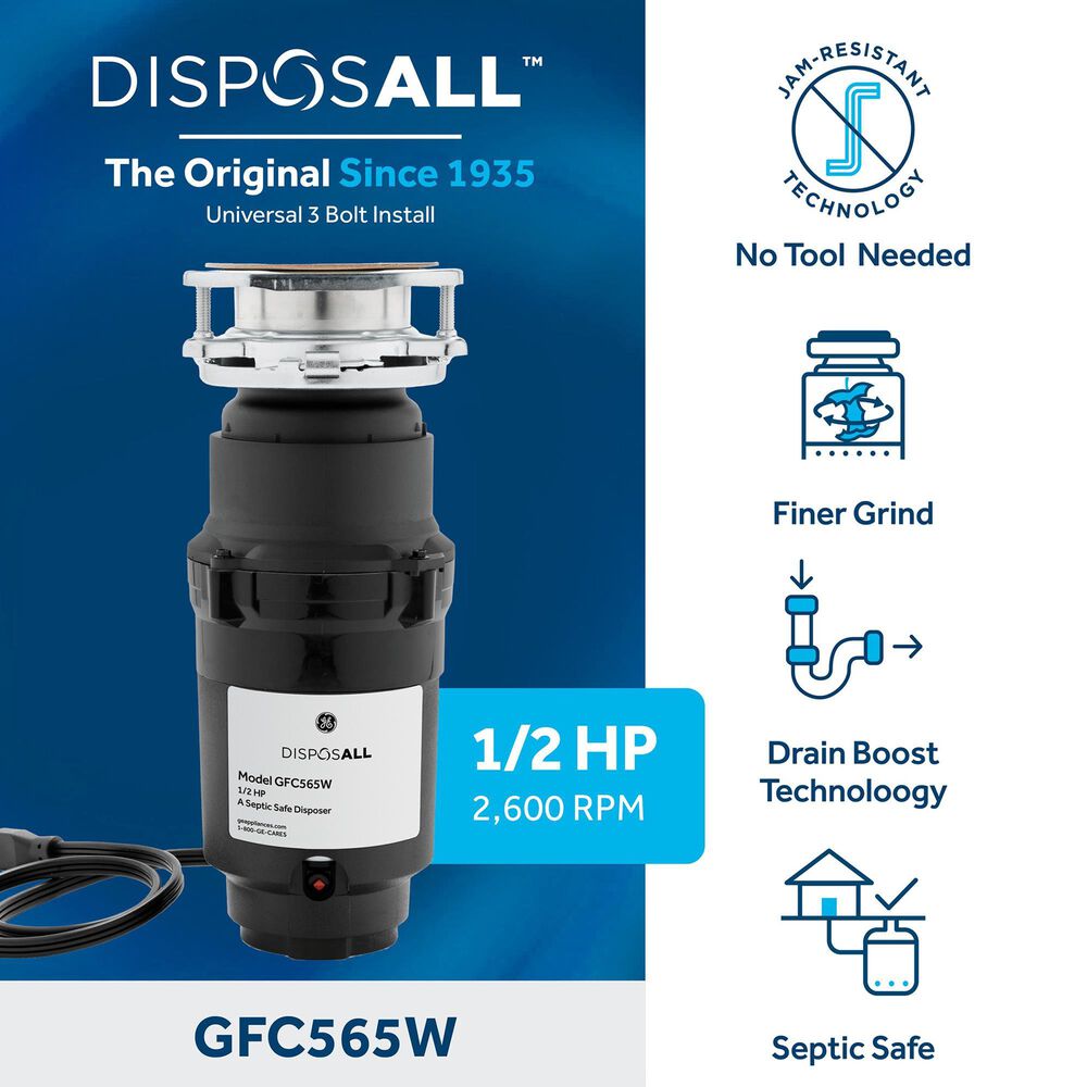GE Appliances 1/2 HP Continuous Feed Corded Garbage Disposal in Black, , large