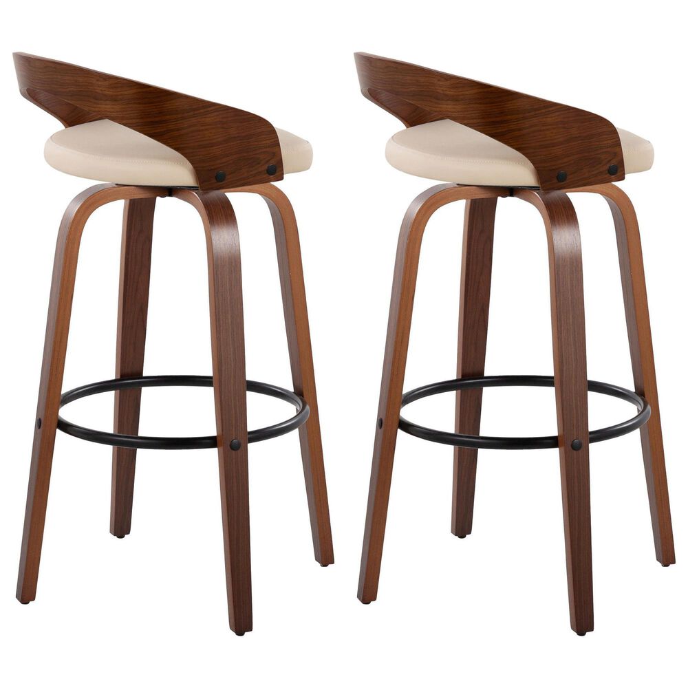 LumiSource Grotto 30" Swivel Barstool with Cream Faux Leather Upholstery in Walnut and Black (Set of 2), , large
