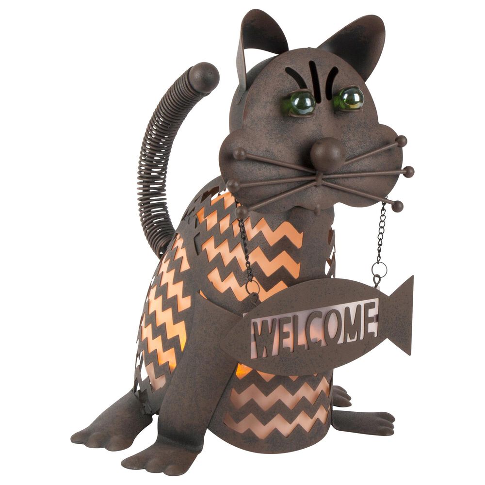 The Gerson Company 12.85" Solar Lighted Garden Welcome Cat in Rustic Brown, , large