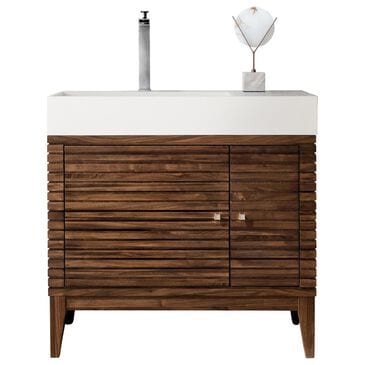 James Martin Vanities Linear 36" Single Bathroom Vanity in Mid Century Walnut with 13 cm Glossy White Solid Surface Top and Rectangular Sink, , large