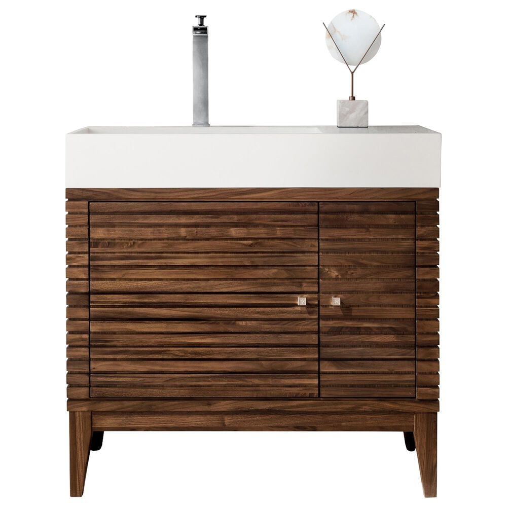 James Martin Vanities Linear 36" Single Bathroom Vanity in Mid Century Walnut with 13 cm Glossy White Solid Surface Top and Rectangular Sink, , large