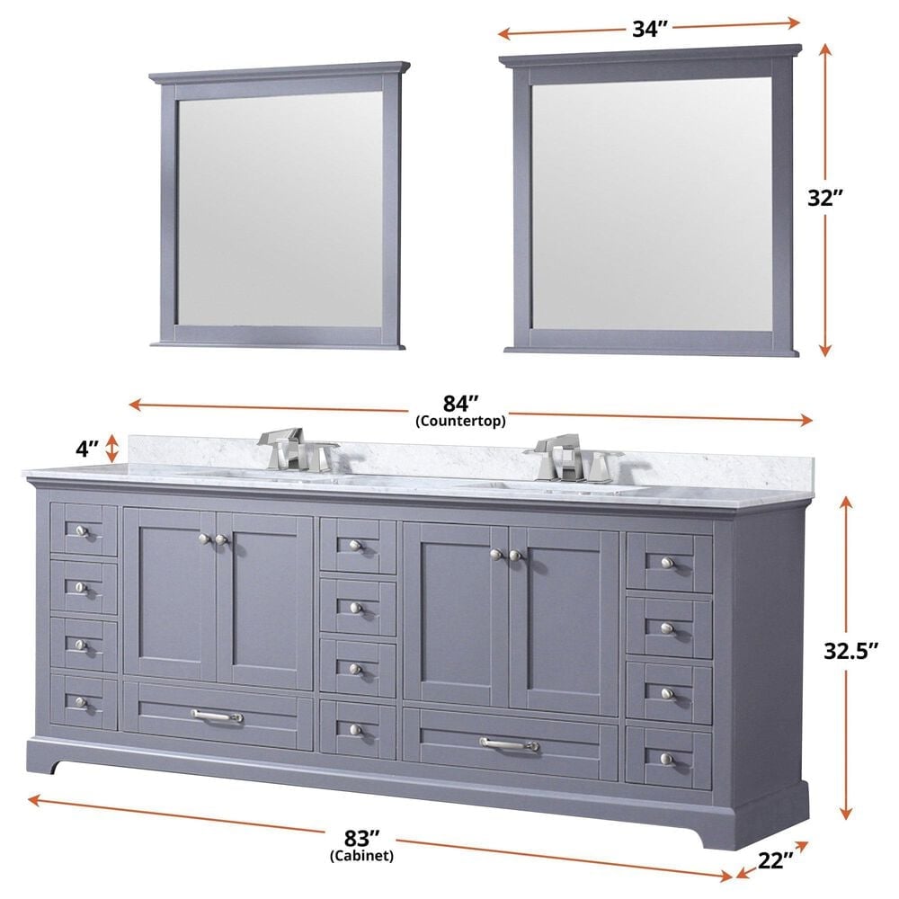 Lexora Home Dukes 84&quot; Double Bathroom Vanity in Dark grey with 2 cm White Carrara Marble Top and Rectangular Sinks, , large