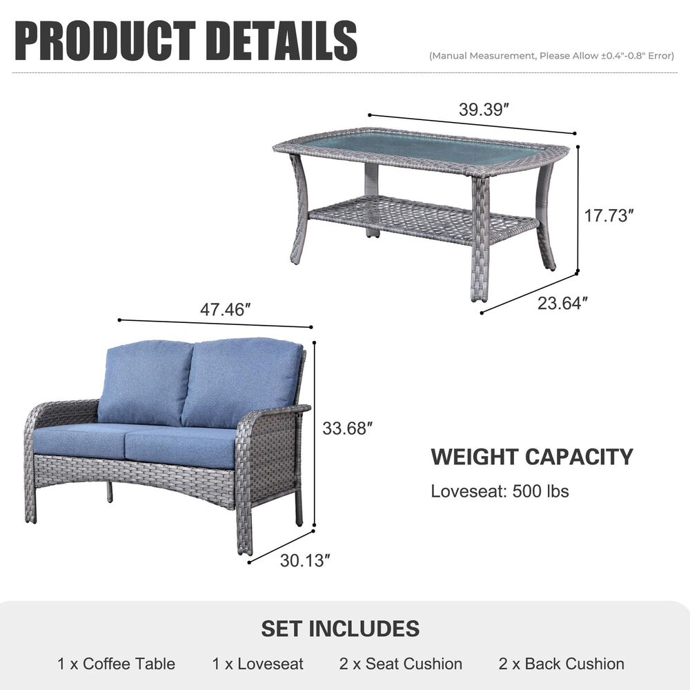HOMLUX 2-Piece Patio Loveseat and Coffee Table Set in Denim Blue, , large