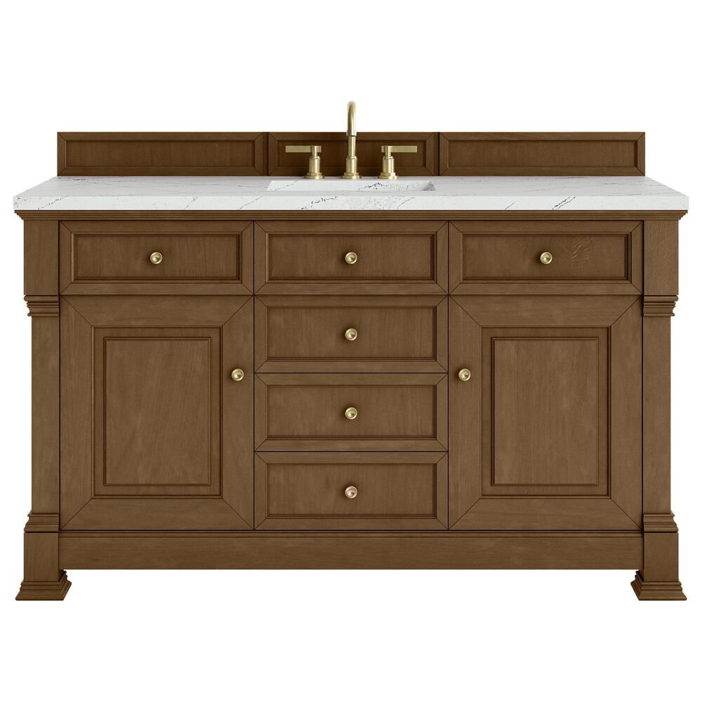 James Martin Vanities Brookfield 60" Single Bathroom Vanity in Honey Oak with 3 cm Ethereal Noctis Quartz Top and Rectangular Sink, , large