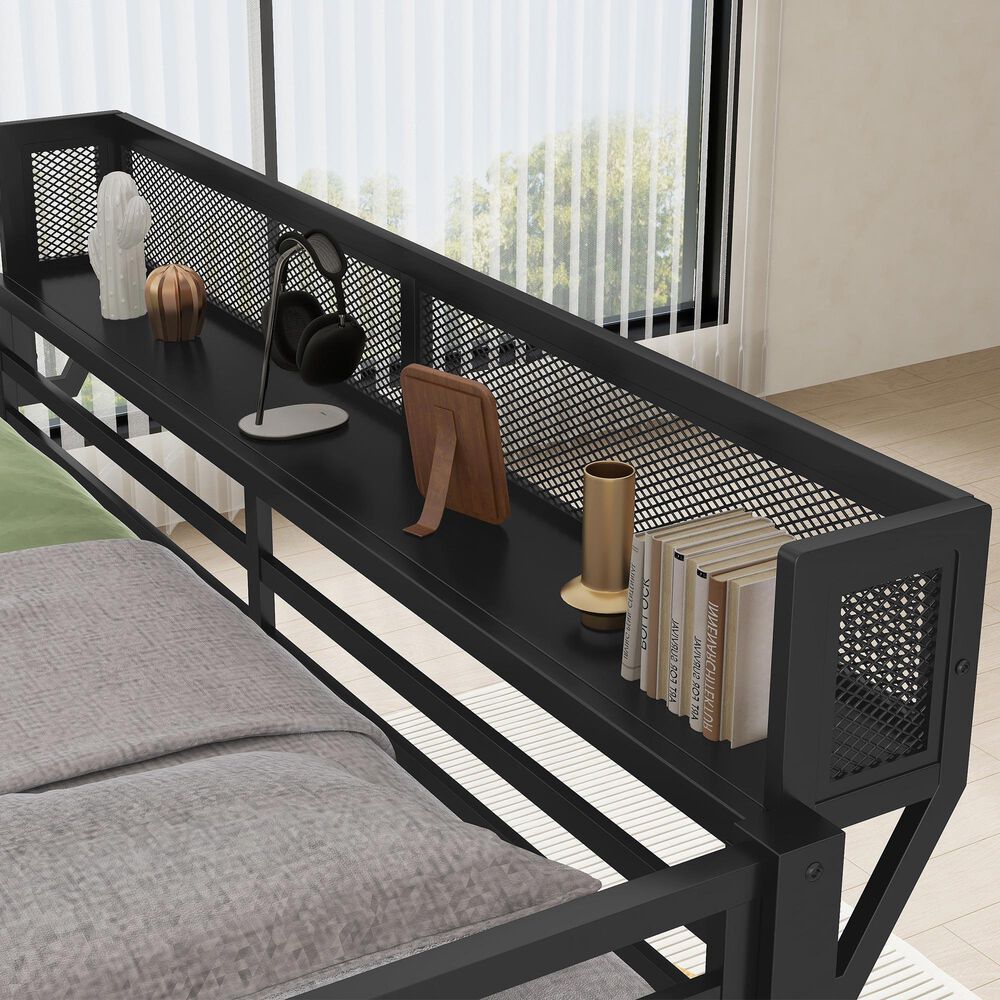 Hearth and Haven Queen over Queen Bunk Bed with Ladder and Storage Shelf in Black, , large