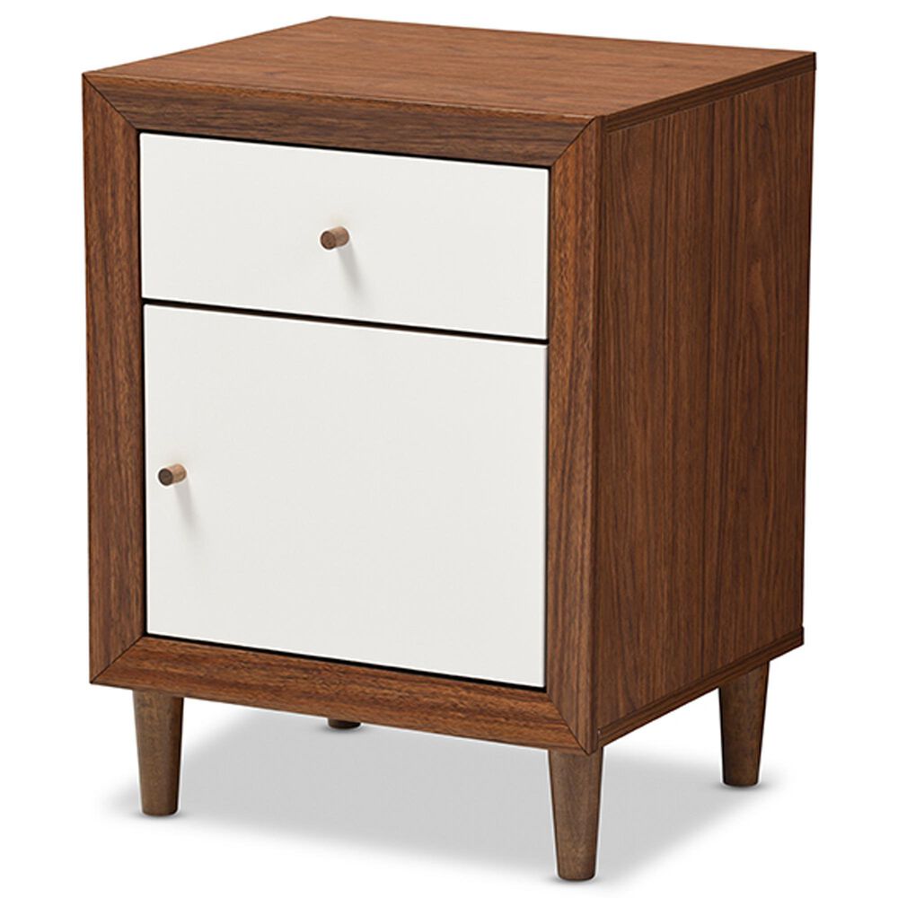 Baxton Studio Harlow 1-Drawer Nightstand in White and Walnut, , large