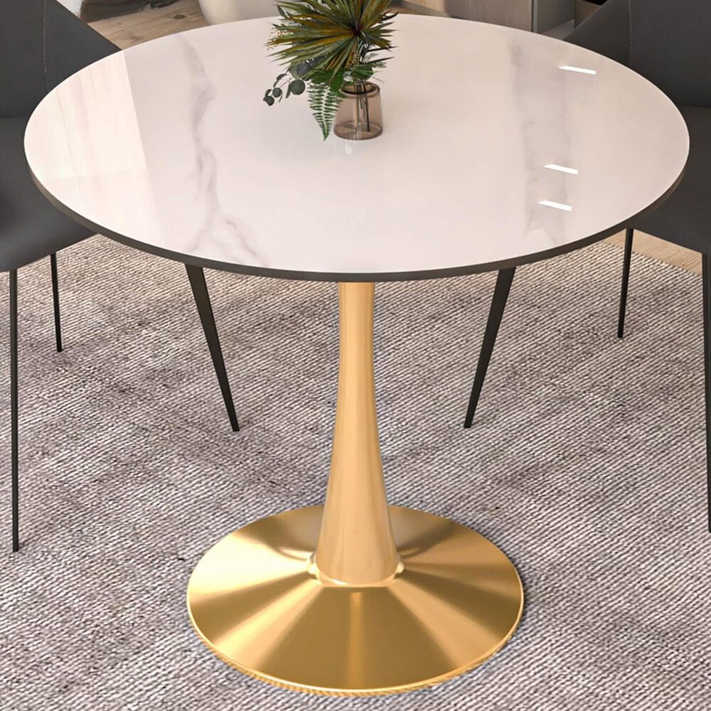 Leisuremod Leisuremod Bristol 31 round dining table Gold base with White Sintered stone Top, , large