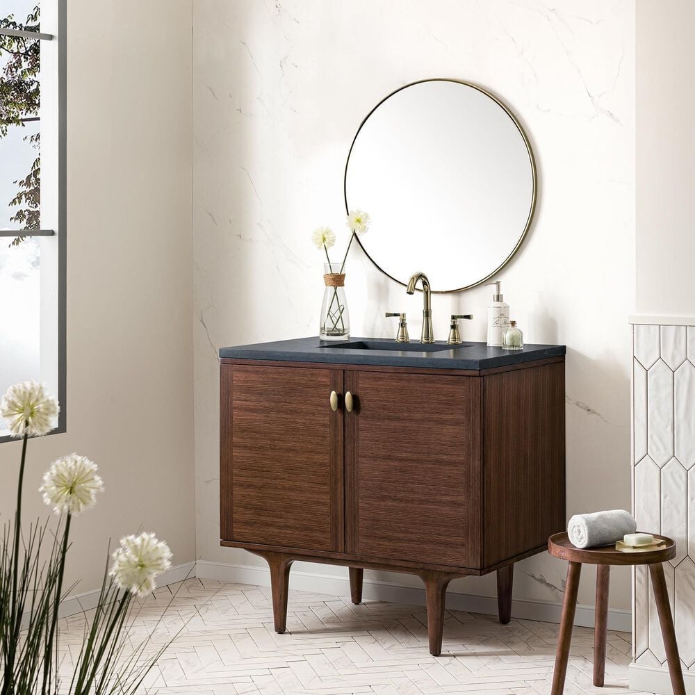 James Martin Vanities Amberly 36&quot; Single Bathroom Vanity in Walnut with 3 cm Charcoal Soapstone Quartz Top and Rectangular Sink, , large