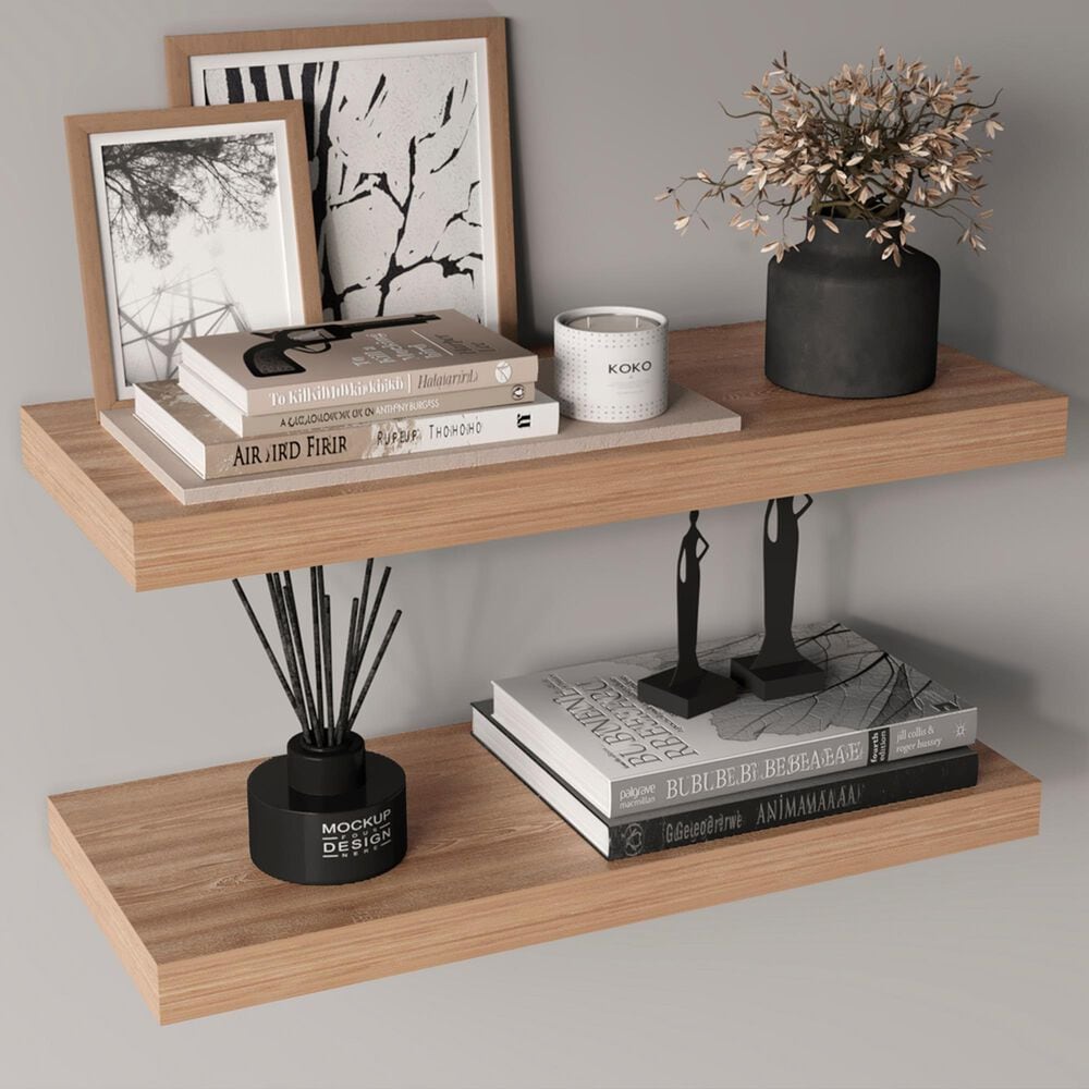 Hearth and Haven Ecco32" Floating Wall Shelf in Light Brown (Set of 2), , large