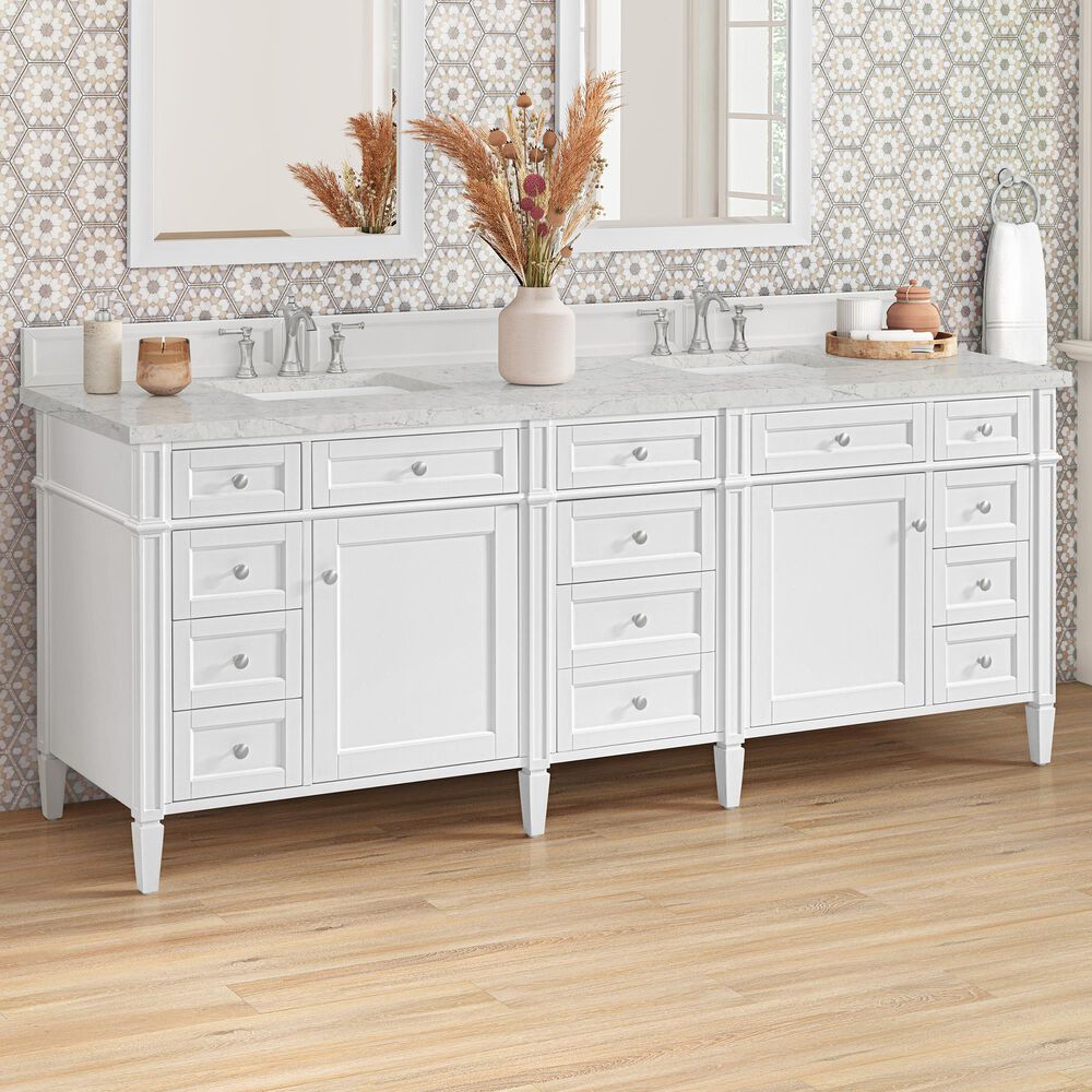 James Martin Brittany 84" Double Bathroom Vanity in Bright White with 3 cm Eternal Jasmine Pearl Top, Rectangular Sinks and FreePower Wireless Charger, , large