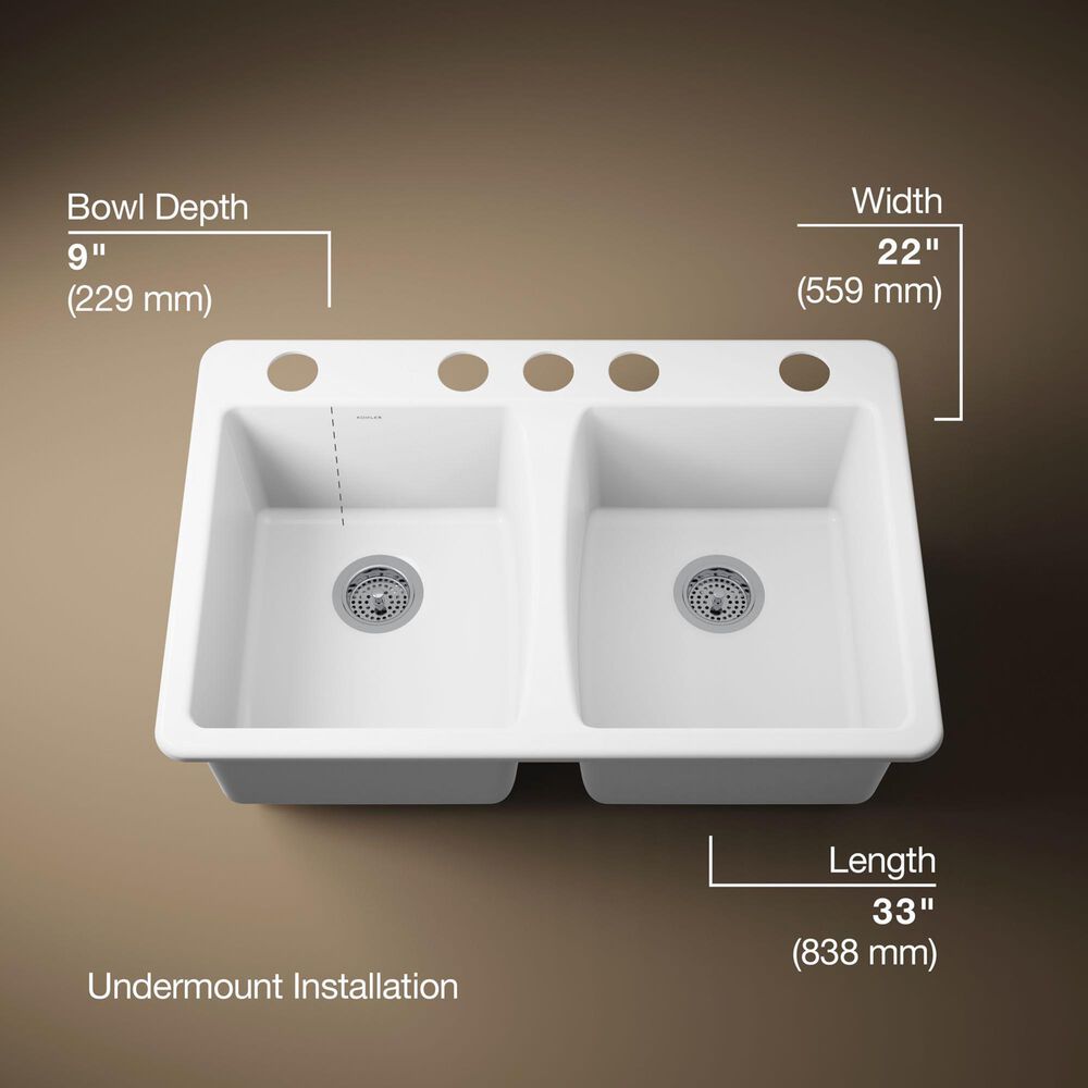 Kohler Deerfield 33" Undermount Double-Bowl Kitchen Sink in White, , large